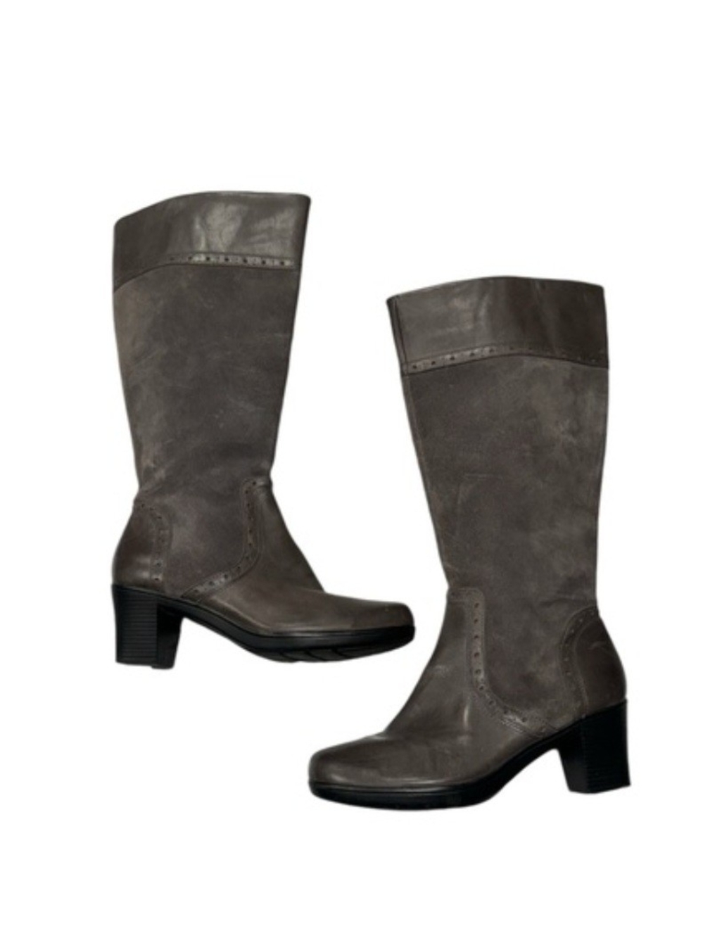 Clarks Grey Tall Leather And Suede Block Heel Boots - Size 9